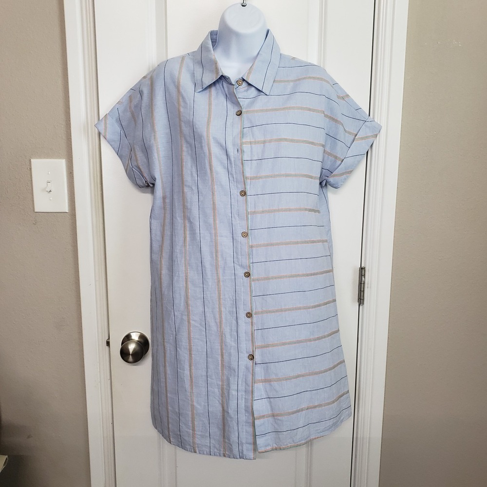 THML Women's Shirt Mini‎ Dress Blue Collared Striped Lined Medium